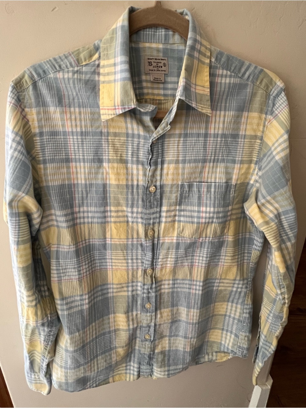 J. Crew Men's Pale Blue and Soft Yellow Plaid Button-Down Shirt